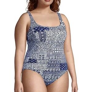 Lands' End Women's Swimsuit Blue‎ White Patchwork One Piece Size 12